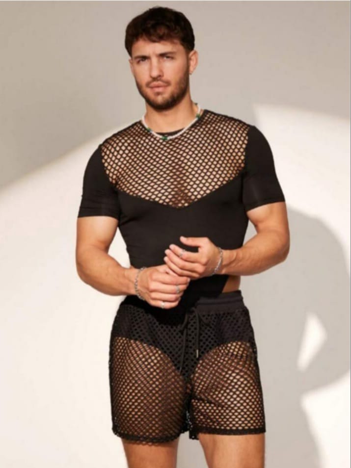 Men's See Through Mesh Drawstring Sleepwear Shirt & Short And t-shirt & Short Set
